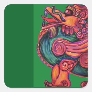 Rode Chinese leeuw op groen Vierkante Sticker
