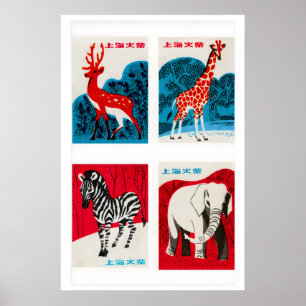 Rode Chinese luciferdoosjeslabels rasterprint, vin Poster