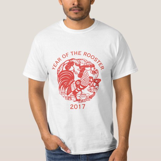 Rode Chinese rooster jaar papercut dierentuin T T-shirt (Voorkant)