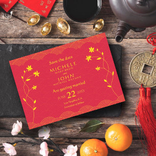 Rode Chinese thema bloemige Save The Date kaart