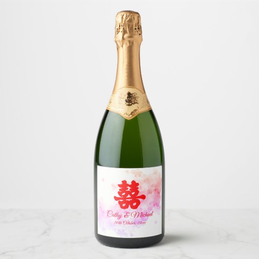 Rode Chinese trouwwaterverf kersenbloesem Sparkling Wijnetiket (Voorkant)