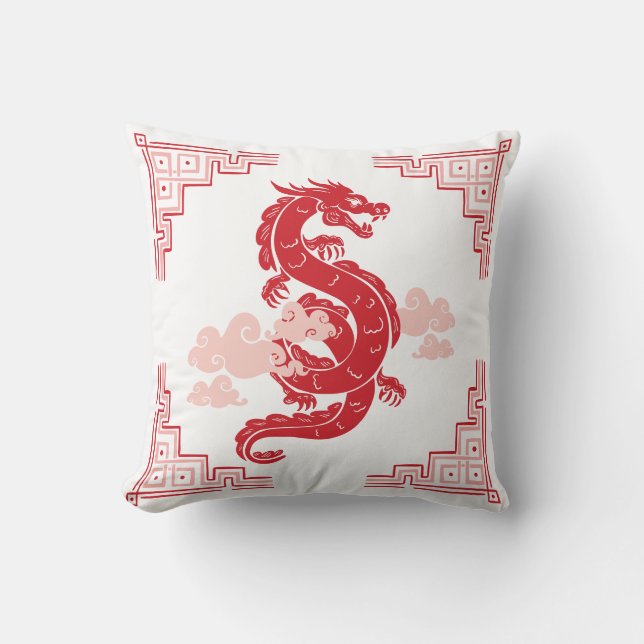 Rode Chinoiserie Dragon en wolken Kussen (Voorkant)