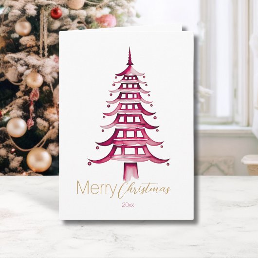 Rode Chinoiserie Pagoda kerstboom Kaart