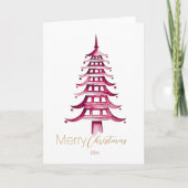 Rode Chinoiserie Pagoda kerstboom Kaart (Voorkant)