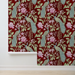 Rode Chinoiserie pauw bloemschil en stok Behang