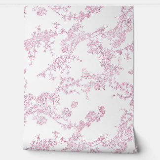 Rode Chinoiserie Toile de Jouy Vogels Bloementuin Behang