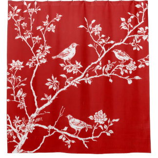 Rode Chinoiserie Vogel Douchegordijn | Elegant 