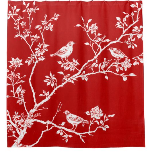 Rode Chinoiserie Vogel Douchegordijn | Elegant  (Voorkant)