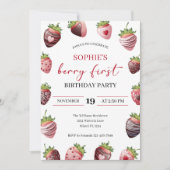 Rode chocolade aardbei 1e bessen eerste verjaardag kaart (Voorkant)