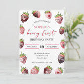 Rode chocolade aardbei 1e bessen eerste verjaardag kaart (Staand voorkant)