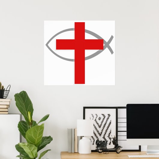 Rode Christelijke kruis met Jezus Vis Ichthys Poster (Thuiskantoor)