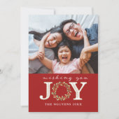 Rode Christmas Joy Waterverf Krans Fotokaart Feestdagenkaart (Voorkant)