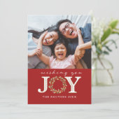 Rode Christmas Joy Waterverf Krans Fotokaart Feestdagenkaart (Staand voorkant)