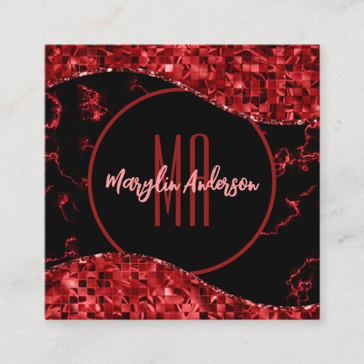 RODE CHRISTMAS MARBLE EN SHIMMER CUSTOM MONOGRAM VIERKANTE VISITEKAARTJE (Voorkant)