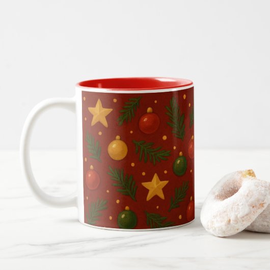 Rode Christmas Two-Tone Coffee Mok – Classic Gift (Met donut)