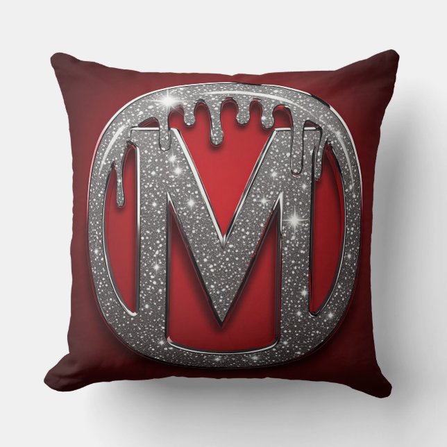 Rode Chrome Drip Letter M Monogram Glitter Embleem Kussen (Voorkant)