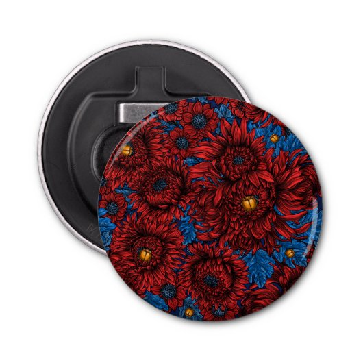 Rode chrysanthemum-bloemen en oranje kevers button flesopener (Voorkant)