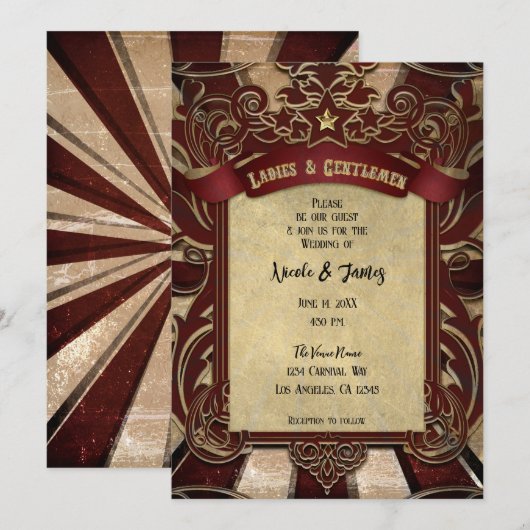  Rode Circus Carnival Elegant Wedding Kaart (Voorkant / Achterkant)