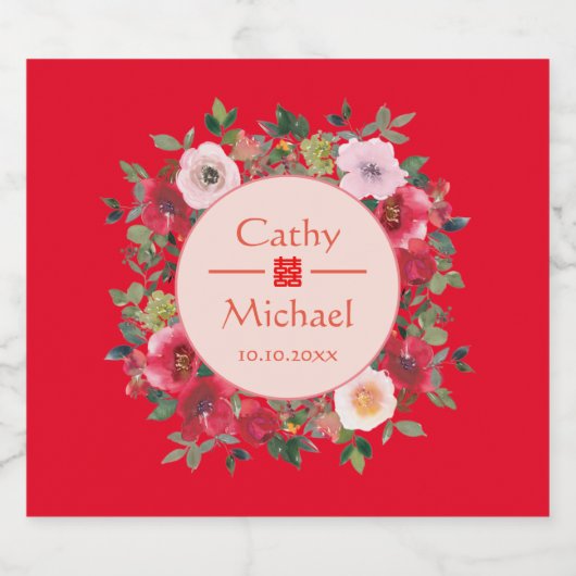Rode cirkel bloemenkrans moderne Chinese bruiloft Sparkling Wijnetiket (Enkel label)