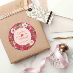 Rode cirkel met een moderne Chinese bruiloft Ronde Sticker