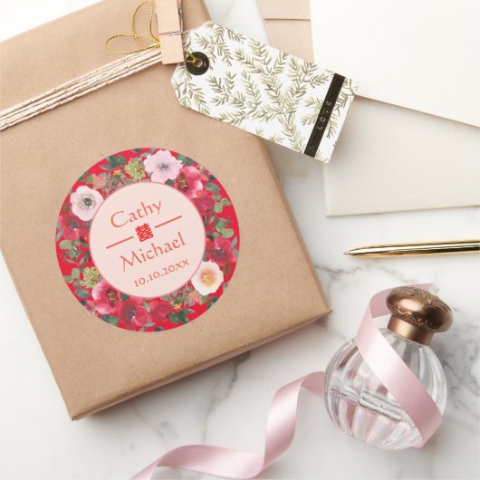 Rode cirkel met een moderne Chinese bruiloft Ronde Sticker (Geschenken)