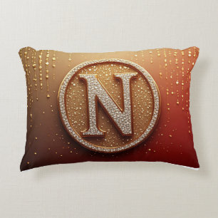 Rode Cirkel Monogram N Gouden Glitter Initiaal Let Accent Kussen