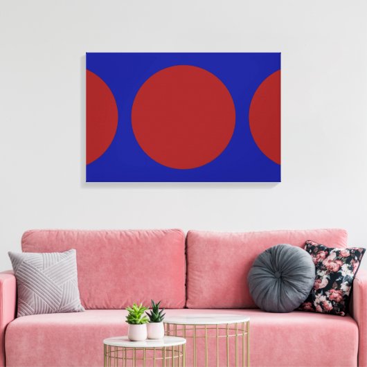 Rode cirkels op blauw canvas afdruk (Insitu (Woonkamer))