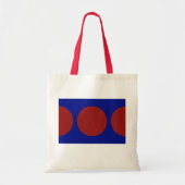 Rode cirkels op blauw tote bag (Voorkant)