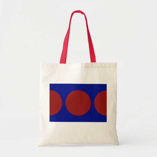 Rode cirkels op blauw tote bag (Voorkant)