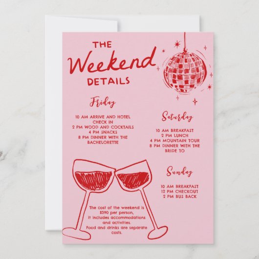 Rode Cocktail Bachelorette Weekend Reisschema Part Kaart (Achterkant)