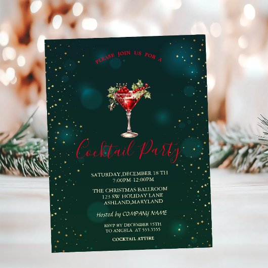 Rode Cocktail Sterren Groene Kerst  Kaart