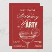 Rode  cocktail verjaardagsfeestje kaart (Voorkant / Achterkant)
