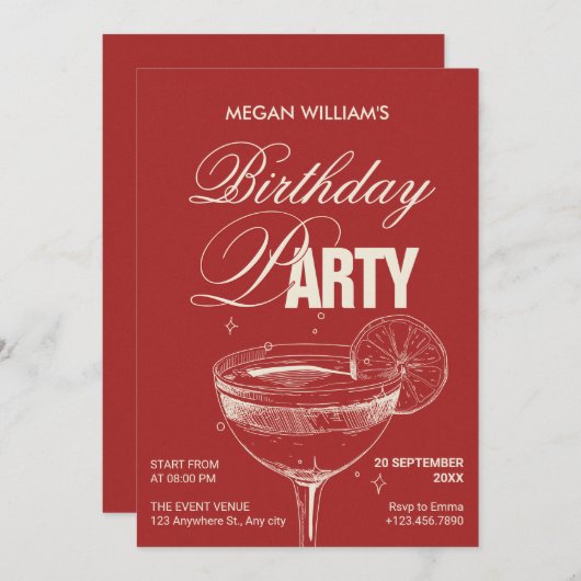 Rode  cocktail verjaardagsfeestje kaart (Voorkant / Achterkant)