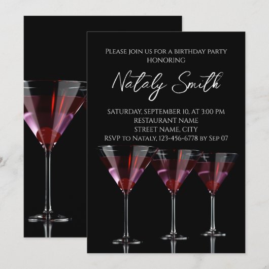 Rode cocktails in martiniglas met kers kaart (Voorkant / Achterkant)