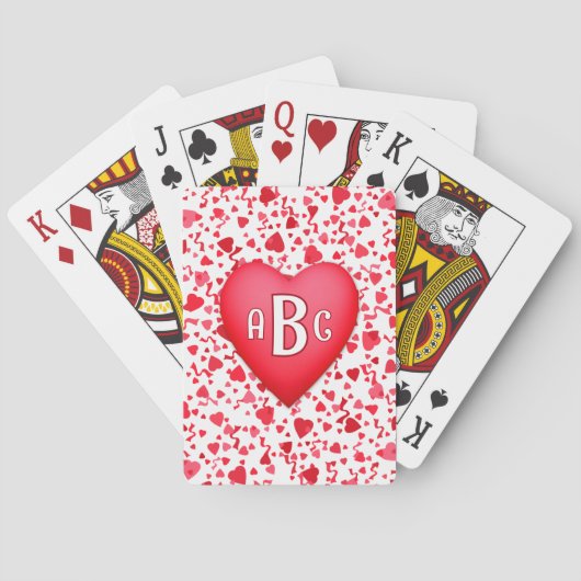 Rode confettiharten gepersonaliseerde initialen pokerkaarten (Achterkant)