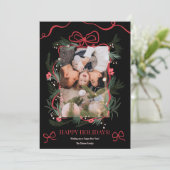 Rode Coquette Bow Bloemen Kerst Nieuwjaar Foto Feestdagenkaart (Staand voorkant)