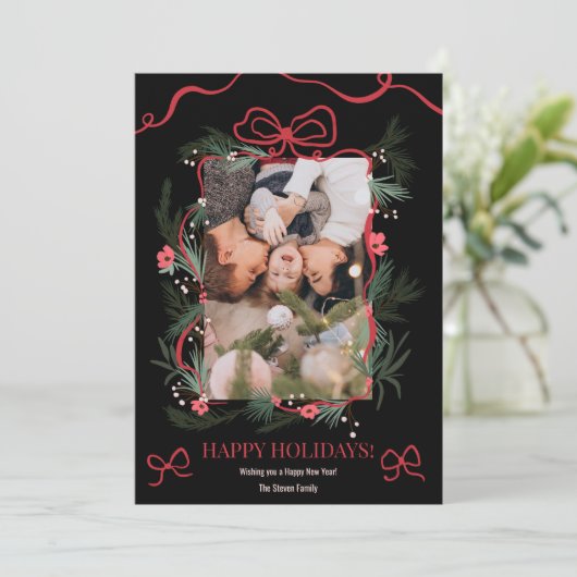 Rode Coquette Bow Bloemen Kerst Nieuwjaar Foto Feestdagenkaart (Staand voorkant)