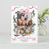 Rode Coquette Bow Bloemen Kerst Nieuwjaar Foto Feestdagenkaart (Staand voorkant)