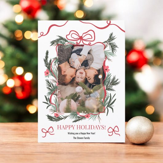 Rode Coquette Bow Bloemen Kerst Nieuwjaar Foto Feestdagenkaart