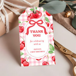 Rode Coquette Bow Cherry eerste verjaardagsfeestje Cadeaulabel