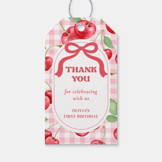 Rode Coquette Bow Cherry eerste verjaardagsfeestje Cadeaulabel (Voorkant)