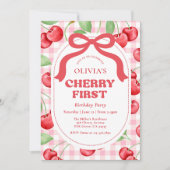 Rode Coquette Bow Cherry eerste verjaardagsfeestje Kaart (Voorkant)