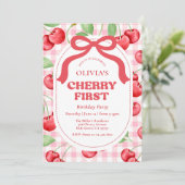 Rode Coquette Bow Cherry eerste verjaardagsfeestje Kaart (Staand voorkant)