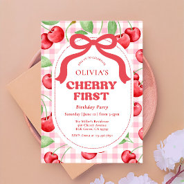 Rode Coquette Bow Cherry eerste verjaardagsfeestje Kaart