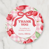 Rode Coquette Bow Cherry Verjaardagsfeest Dank u Bedankjes Labels (Achterkant)