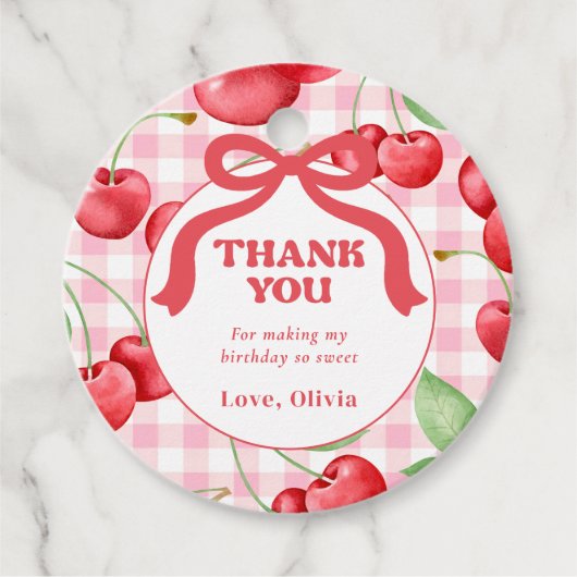 Rode Coquette Bow Cherry Verjaardagsfeest Dank u Bedankjes Labels (Voorkant)