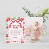 Rode Coquette Bow Cherry Verjaardagsfoto Bedankkaart (Staand voorkant)