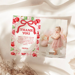 Rode Coquette Bow Cherry Verjaardagsfoto Bedankkaart
