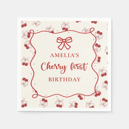 Rode Coquette Cherry eerste verjaardag Papier serv Servet (Voorkant)