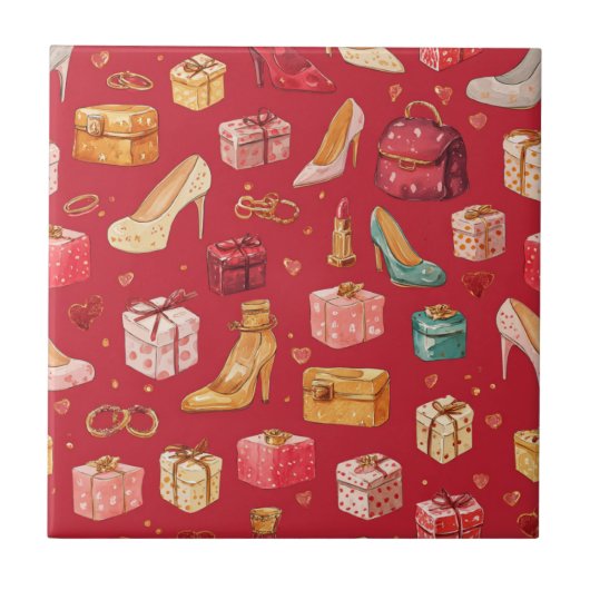 Rode Coquette Kerst Glam Patroon Tegeltje (Voorkant)